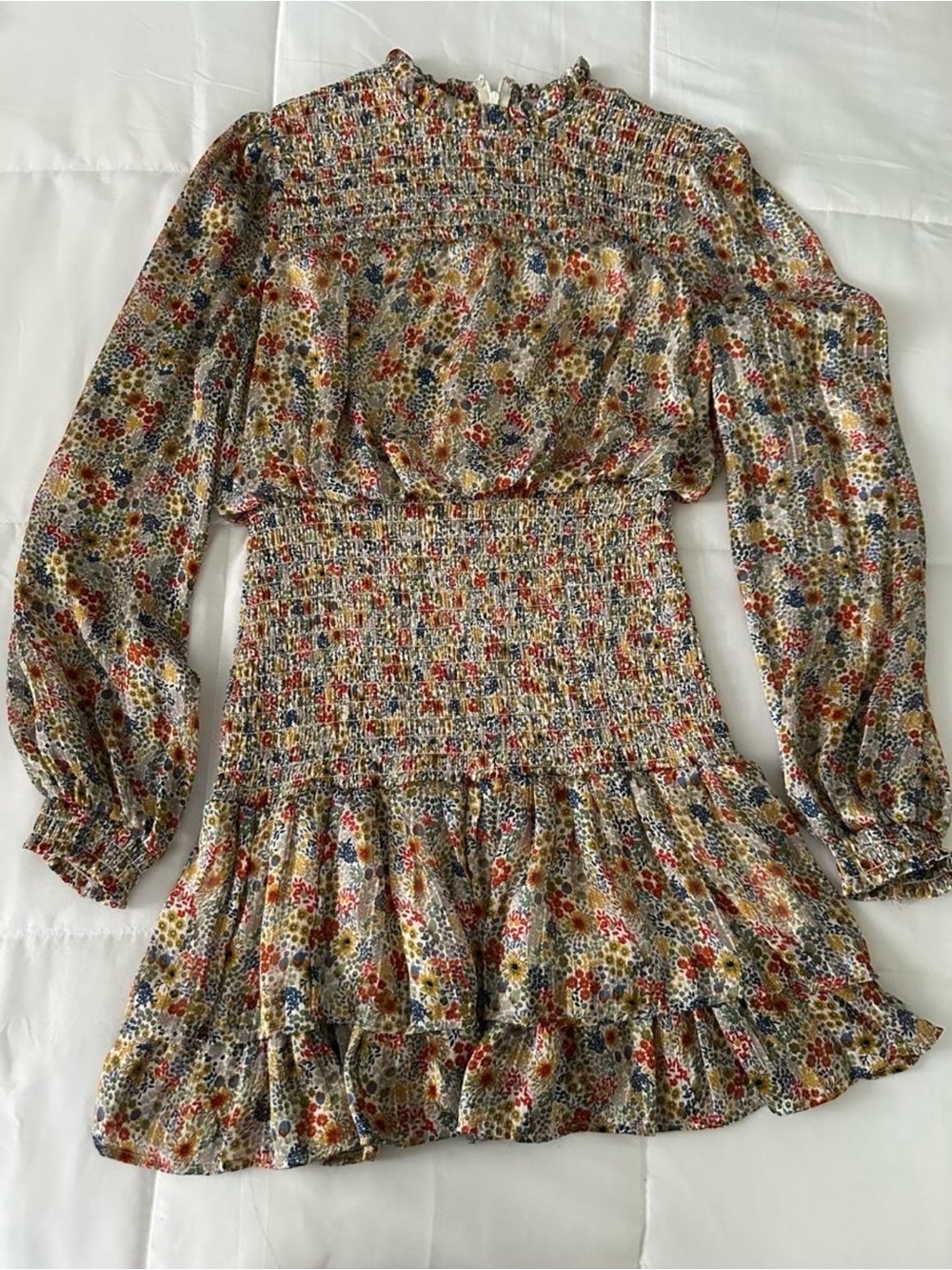 Aqua Floral Smocked Long-Sleeve Mini Dress - Cream, Red, Blue